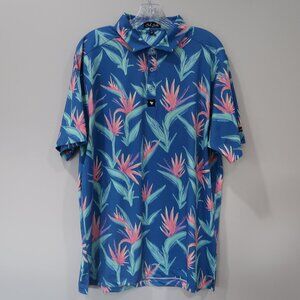 Bad Birdie Golf Polo Shirt XL Blue Bird of Paradise Floral Tropical Stretch